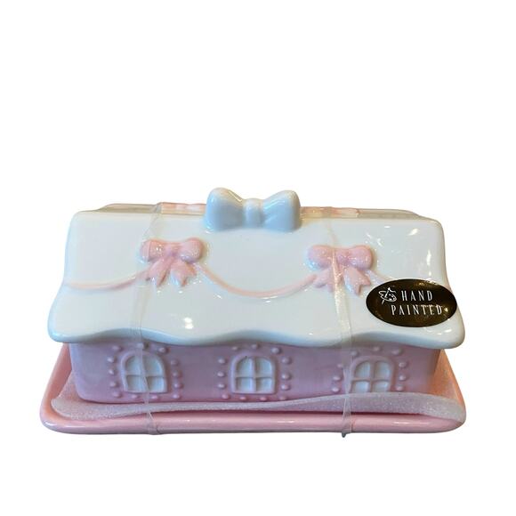Gingerbread House Covered Butter Dish Hand Painted Pastel Pink & White NEW - Picture 4 of 14